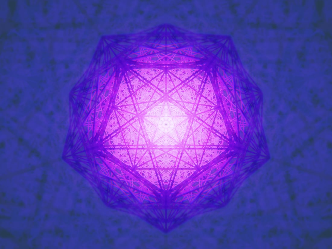 Sitphi — the small tripesic hecatonicosachoron, a complex four-dimensional polytope, projected into three dimensions and rendered as a violet luminous lattice