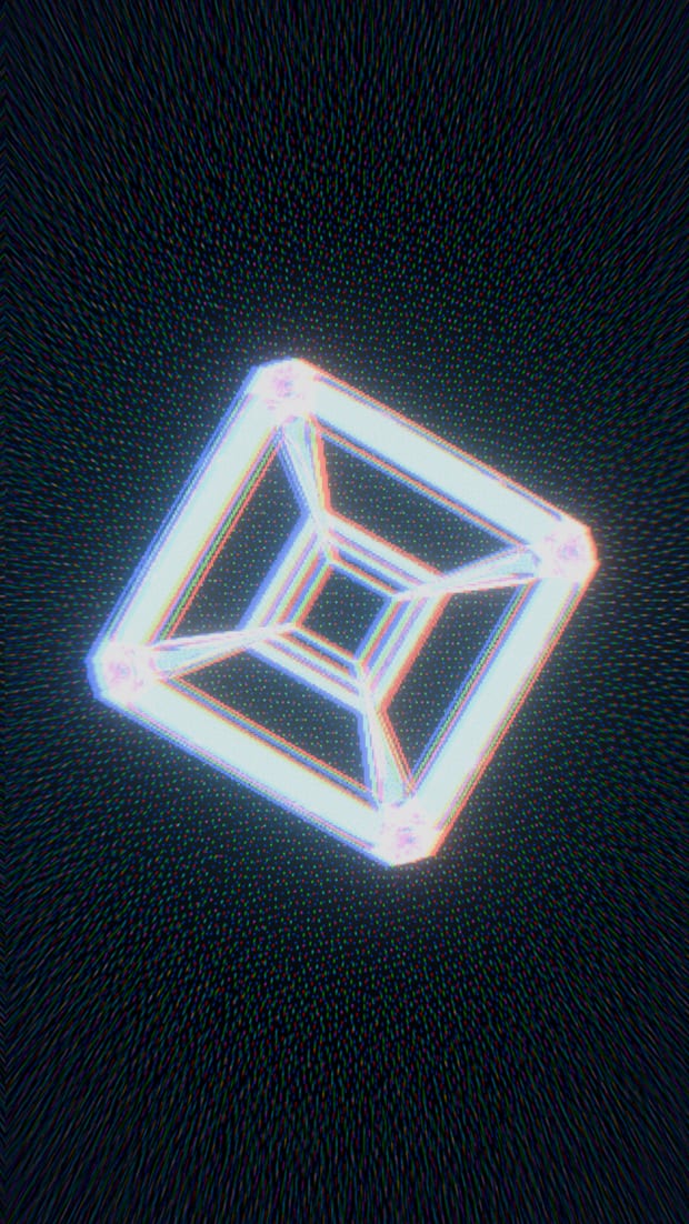 4D art of the tesseract or hypercube, the four-dimensional analogue of a cube, in the Prism Neon finish