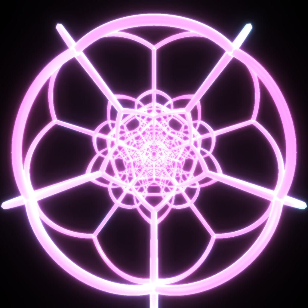 The 120-cell, a 4D shape built from 120 dodecahedral cells, in stereographic projection with curved glowing edges