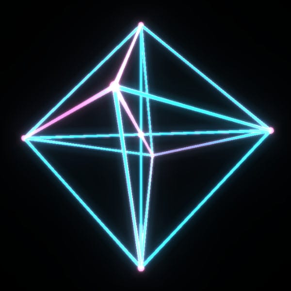 The 16-cell, dual of the tesseract — sixteen tetrahedral cells shown as a neon 4D shape projection