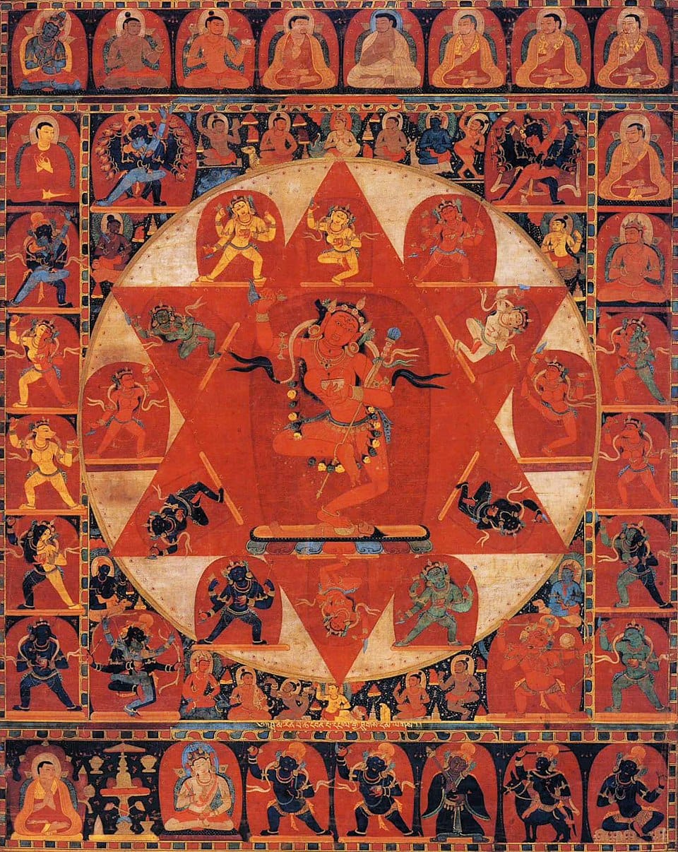 14th century Tibetan Mandala of Vajravarahi showing red tantric goddess at center of lotus circle with cosmic palace