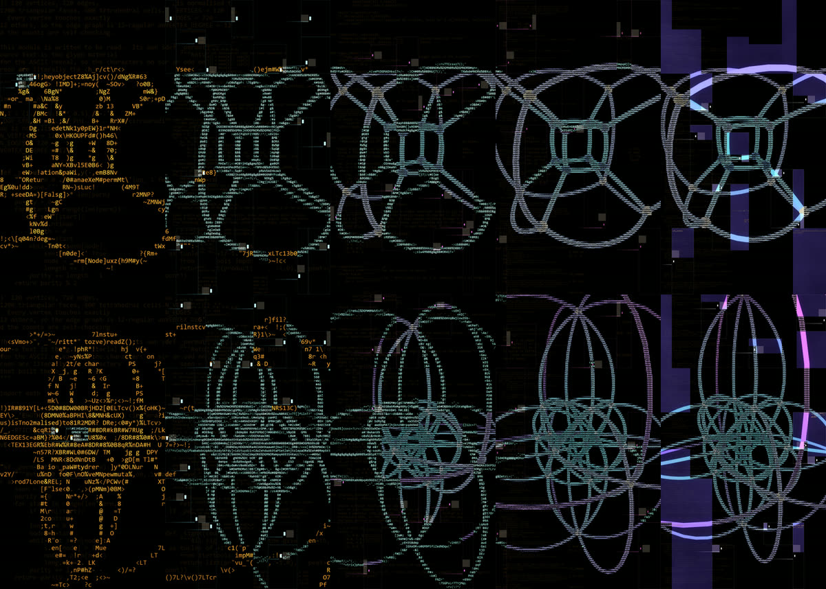 Grid of ASCII art generative frames showing a tesseract wireframe emerging from code characters at ten stages of a rotation loop