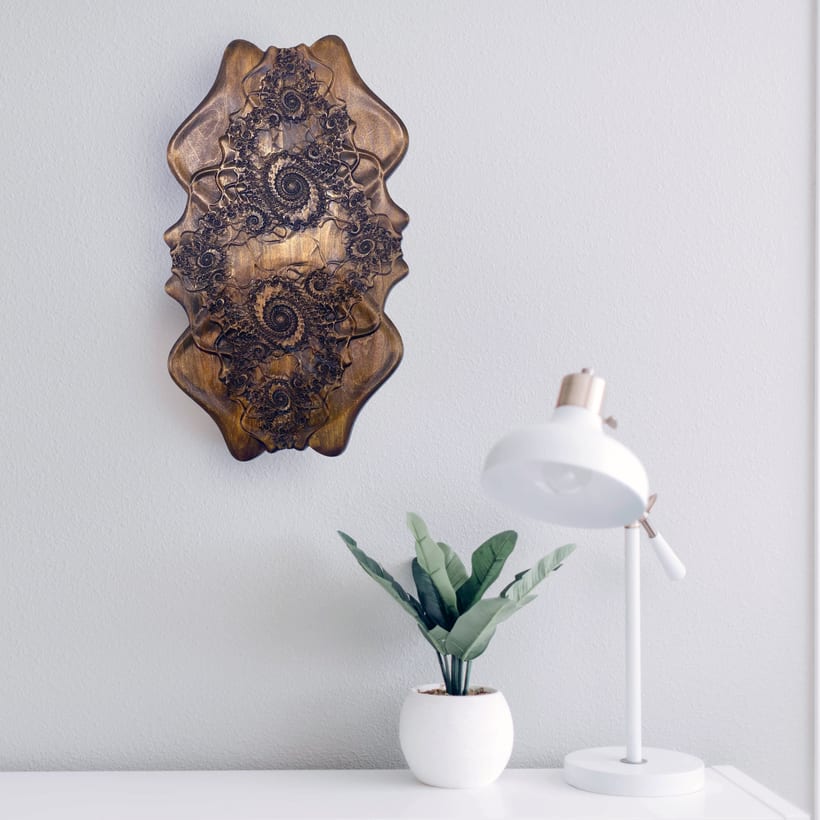 Brinicle — a fractal CNC carving in wood, shown mounted on a wall