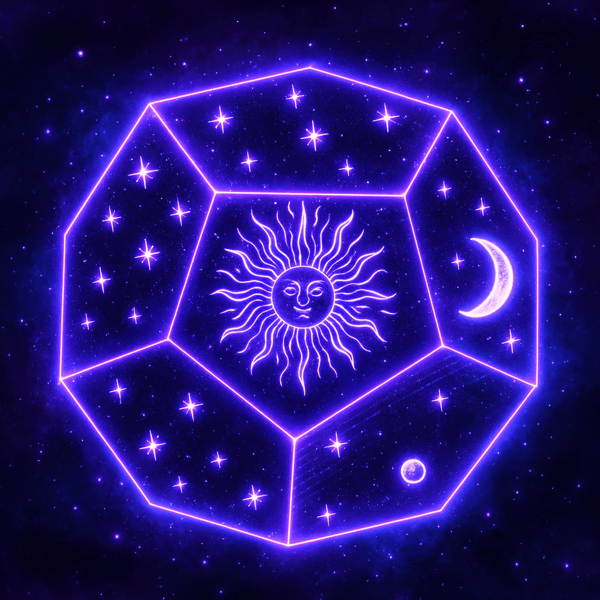 Dodecahedron — the twelve-faced Platonic solid Plato assigned to the cosmos, shown as a neon geometric solid