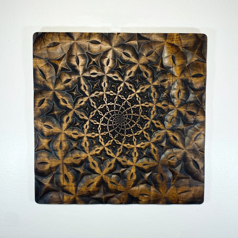Growth Spiral I — a logarithmic spiral CNC carved into aspen hardwood