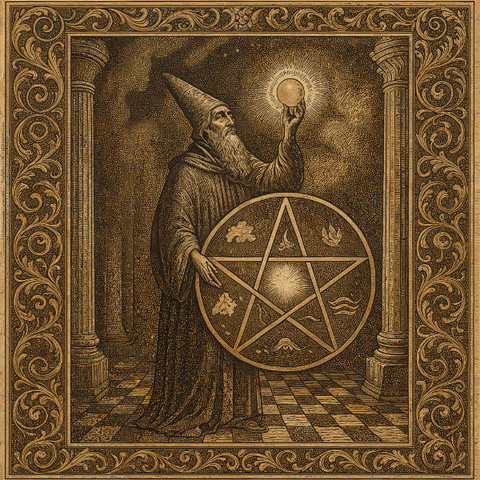 Renaissance pentagram with mystical symbols