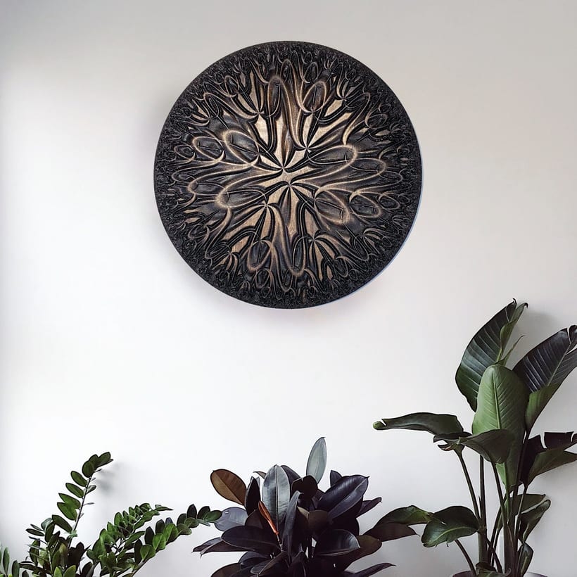 Ripple I — a parametric wave interference pattern CNC carved into stained wood