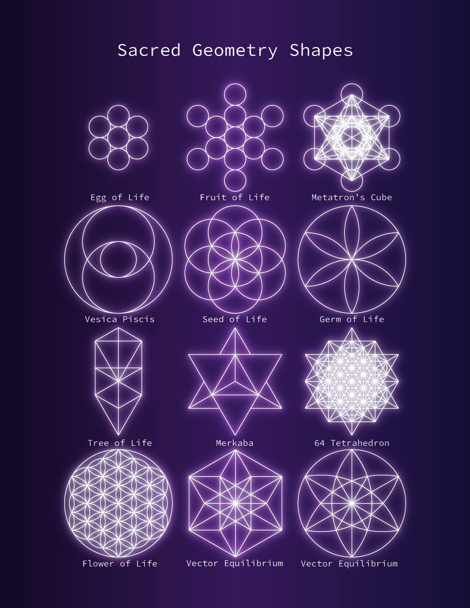 Sacred geometry shapes diagram showing the mathematical relationships between fundamental patterns from simple circles to complex polyhedra