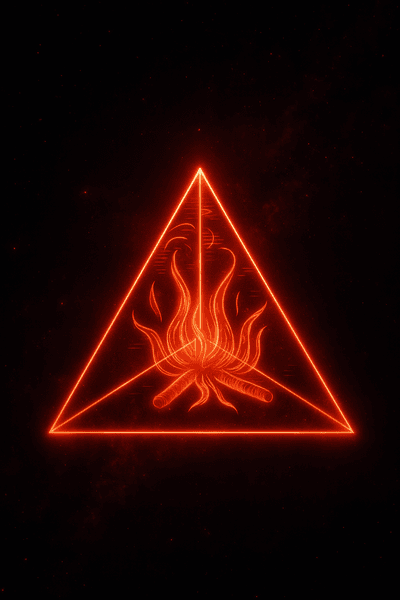 Tetrahedron — the four-faced Platonic solid Plato assigned to fire, shown as a neon geometric solid