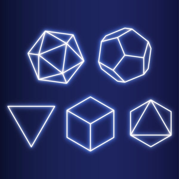 The five Platonic solids sacred geometry shapes: tetrahedron, cube, octahedron, dodecahedron, and icosahedron