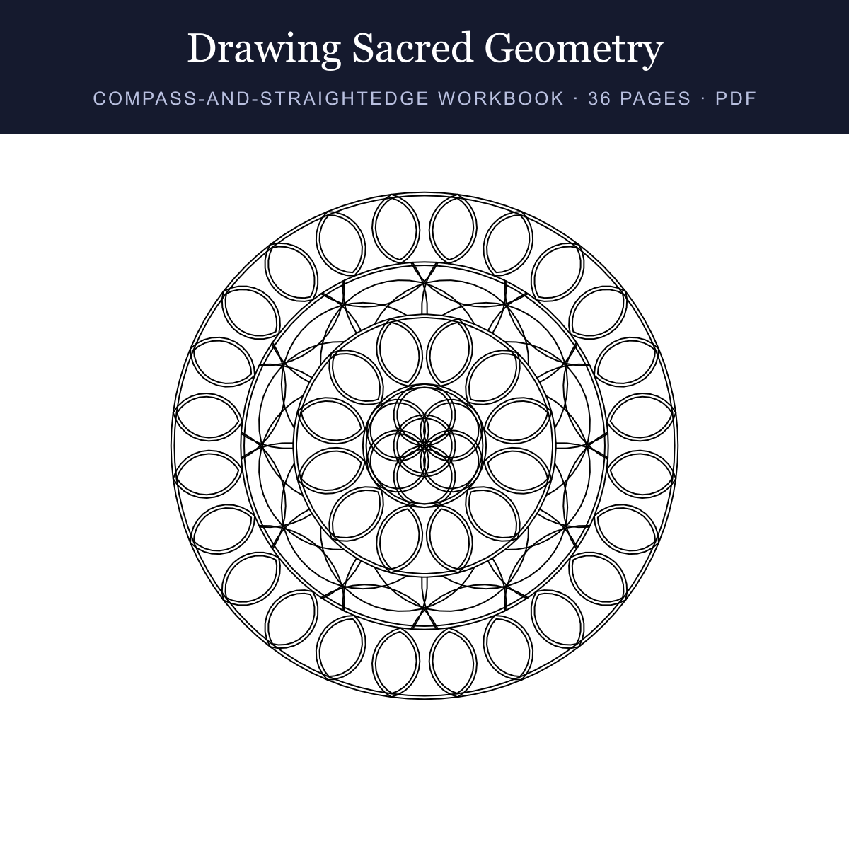 Cover of the Drawing Sacred Geometry workbook showing a vesica-lattice mandala construction in black line art