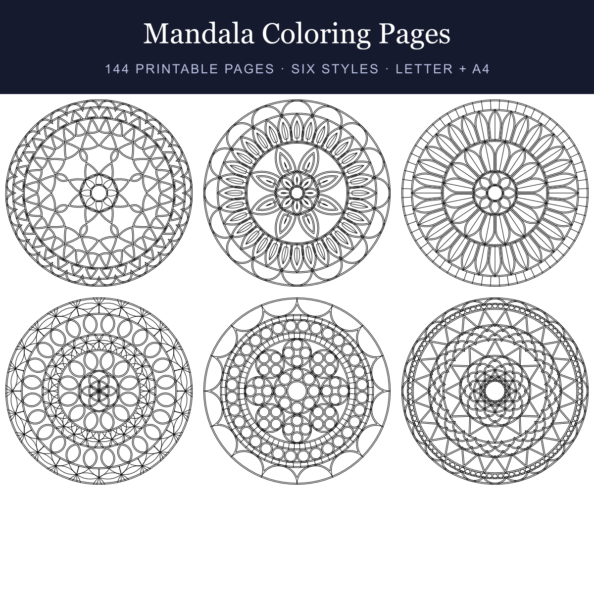 Six printable mandala coloring page styles from the Pardesco bundle: lotus, flower, Gothic arch, sacred geometry, rose window and geometric star