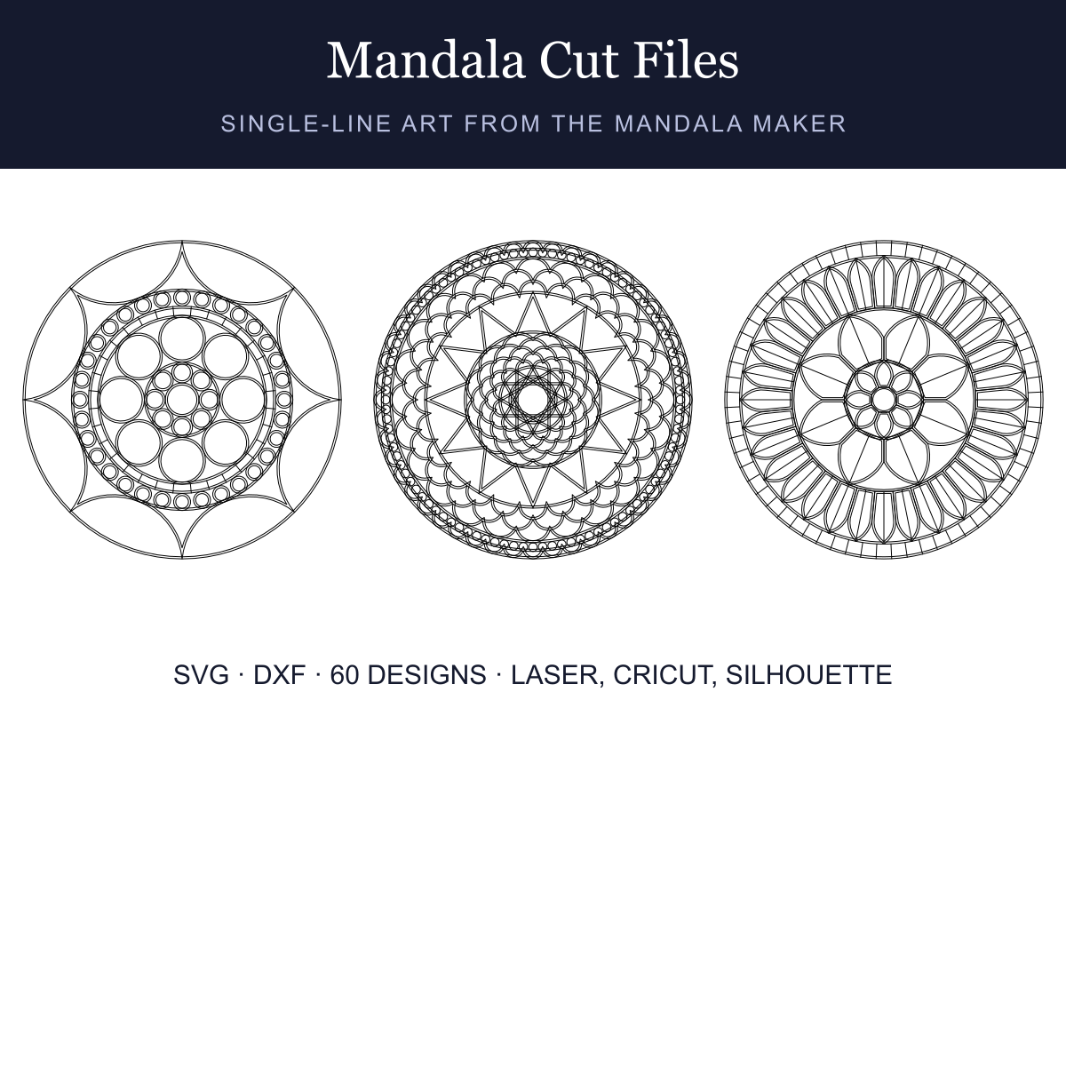 Three single-line mandala cut designs from the Pardesco SVG and DXF pack: rose window, geometric star and Gothic arch styles