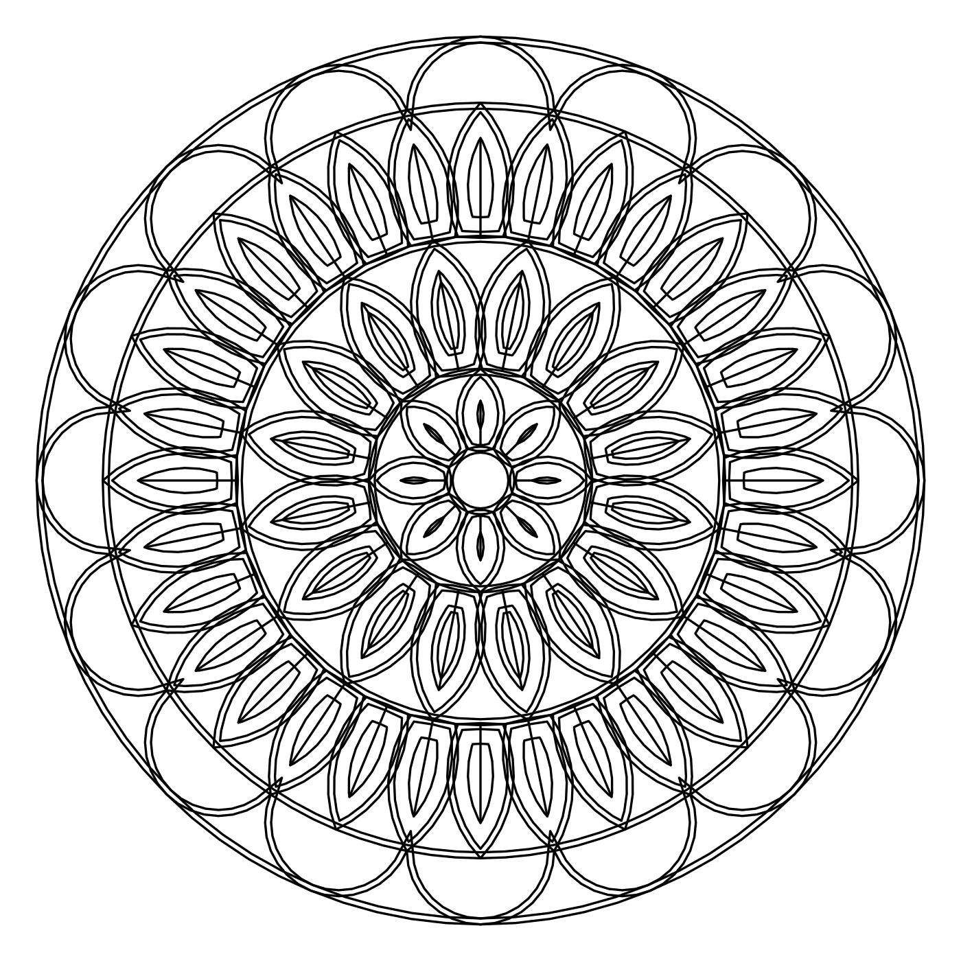 Flower mandala coloring page with rounded nested petals in concentric rings and a broad scalloped border, printable line art