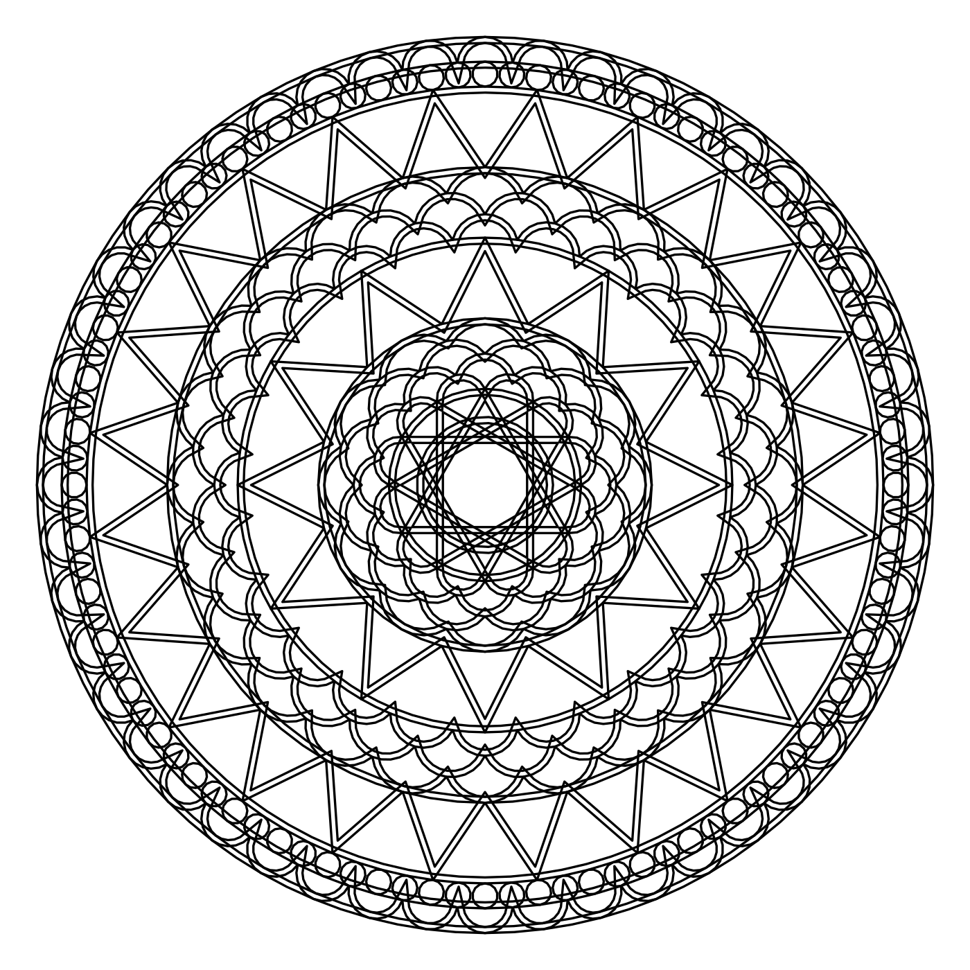Geometric star mandala coloring page with a twelve point star polygon core, fish scale rings, chevron bands and a fine scalloped edge