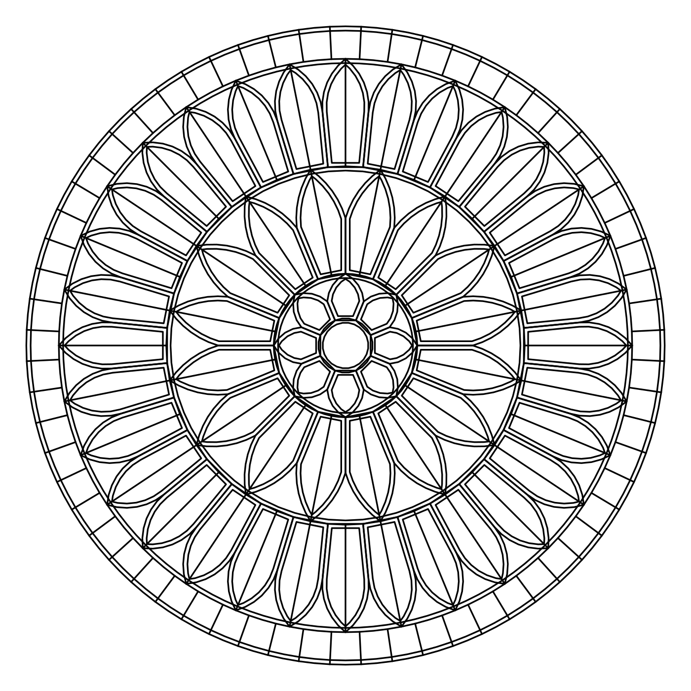 Gothic mandala coloring page of tall pointed lancet arches split by mullions, arranged in rings around a central rosette