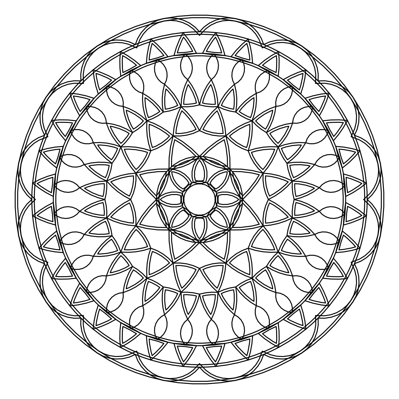 Lotus mandala coloring page: rows of pointed lotus petals rising through each other to a scalloped rim, black line art on white