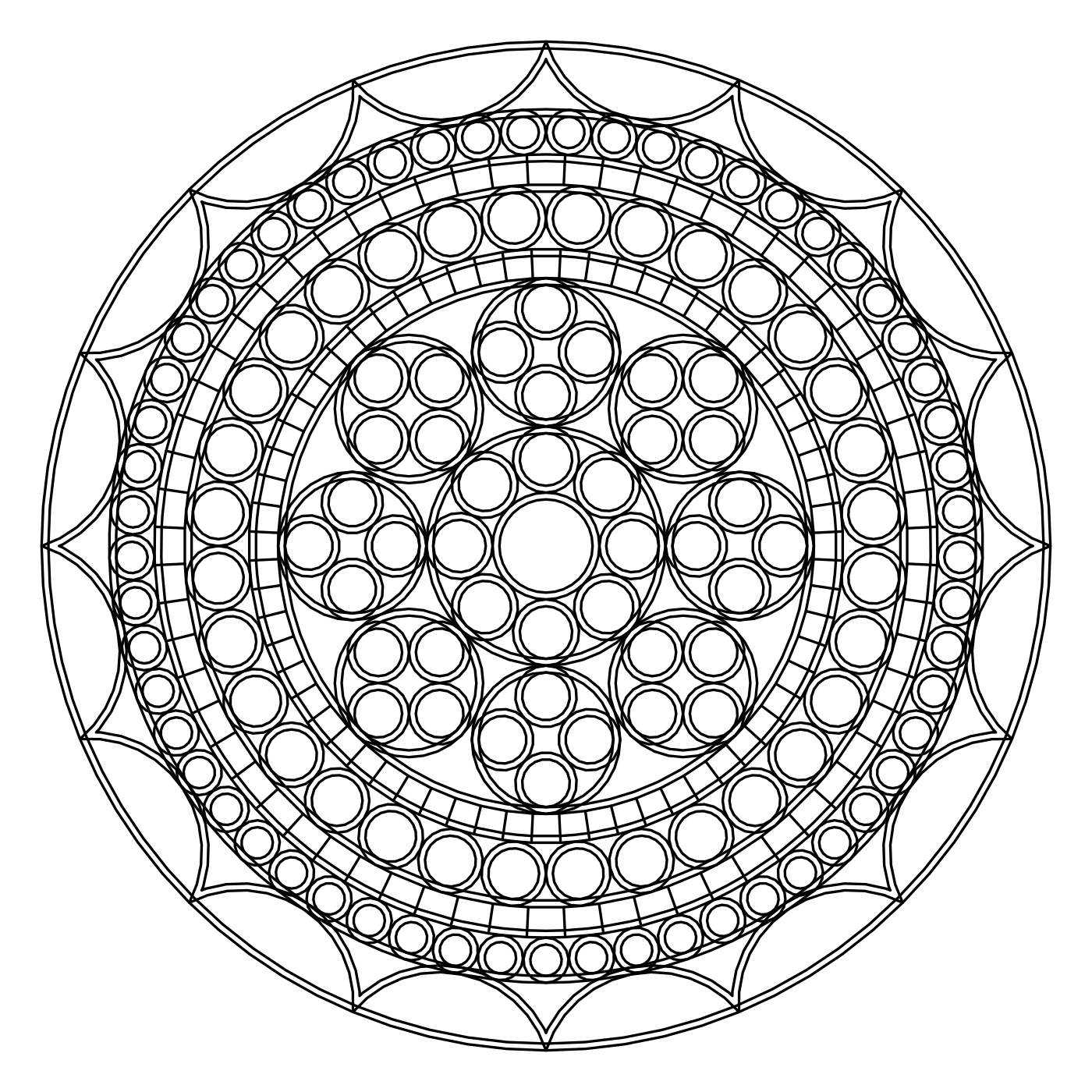 Rose window mandala coloring page: rings of tangent circles filled with trefoils and quatrefoils around a central oculus, cusped rim