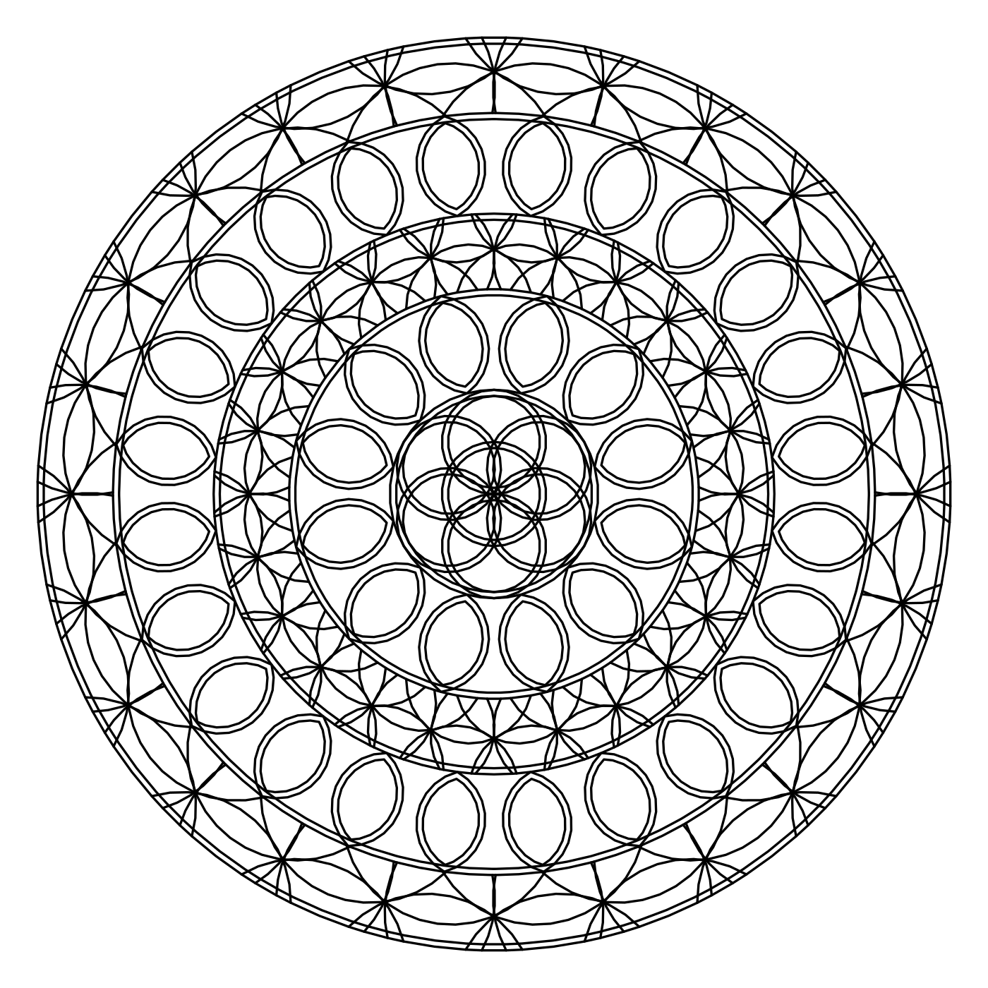 Sacred geometry mandala coloring page built from a seed of life centre, vesica piscis lens rings and flower of life lattice bands