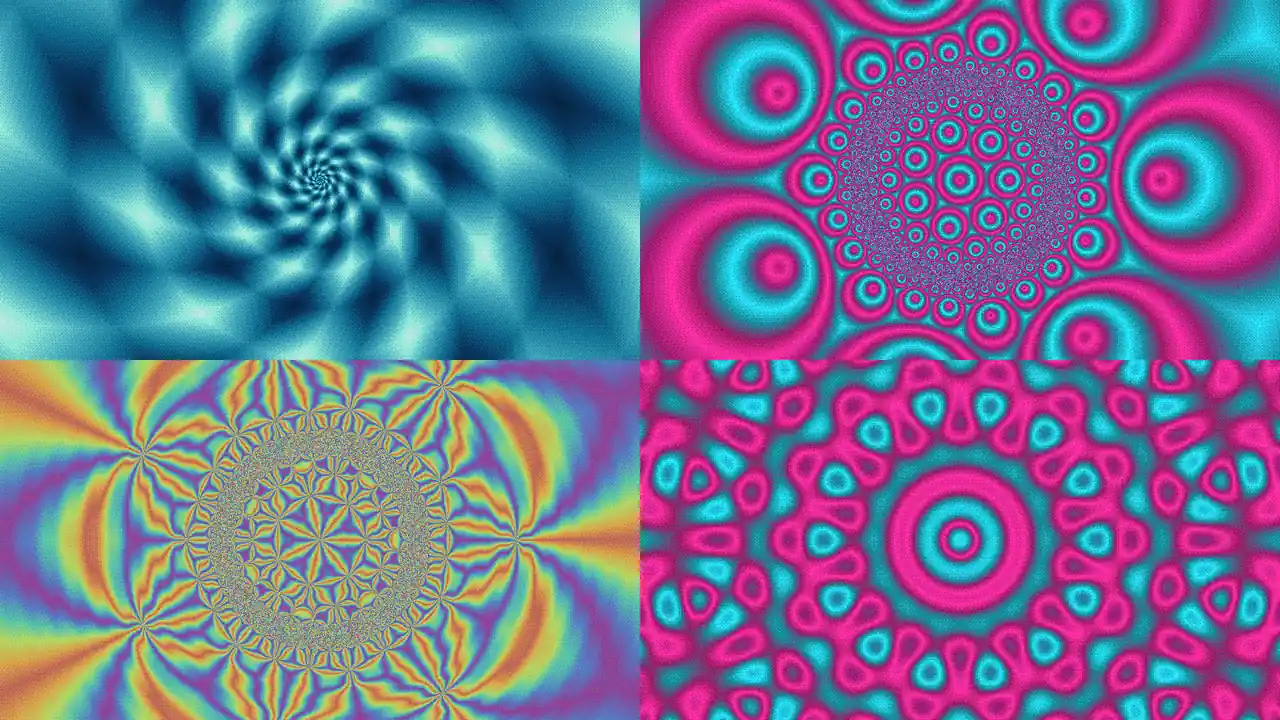 A gallery of cool, colorful fractal patterns generated in the browser.