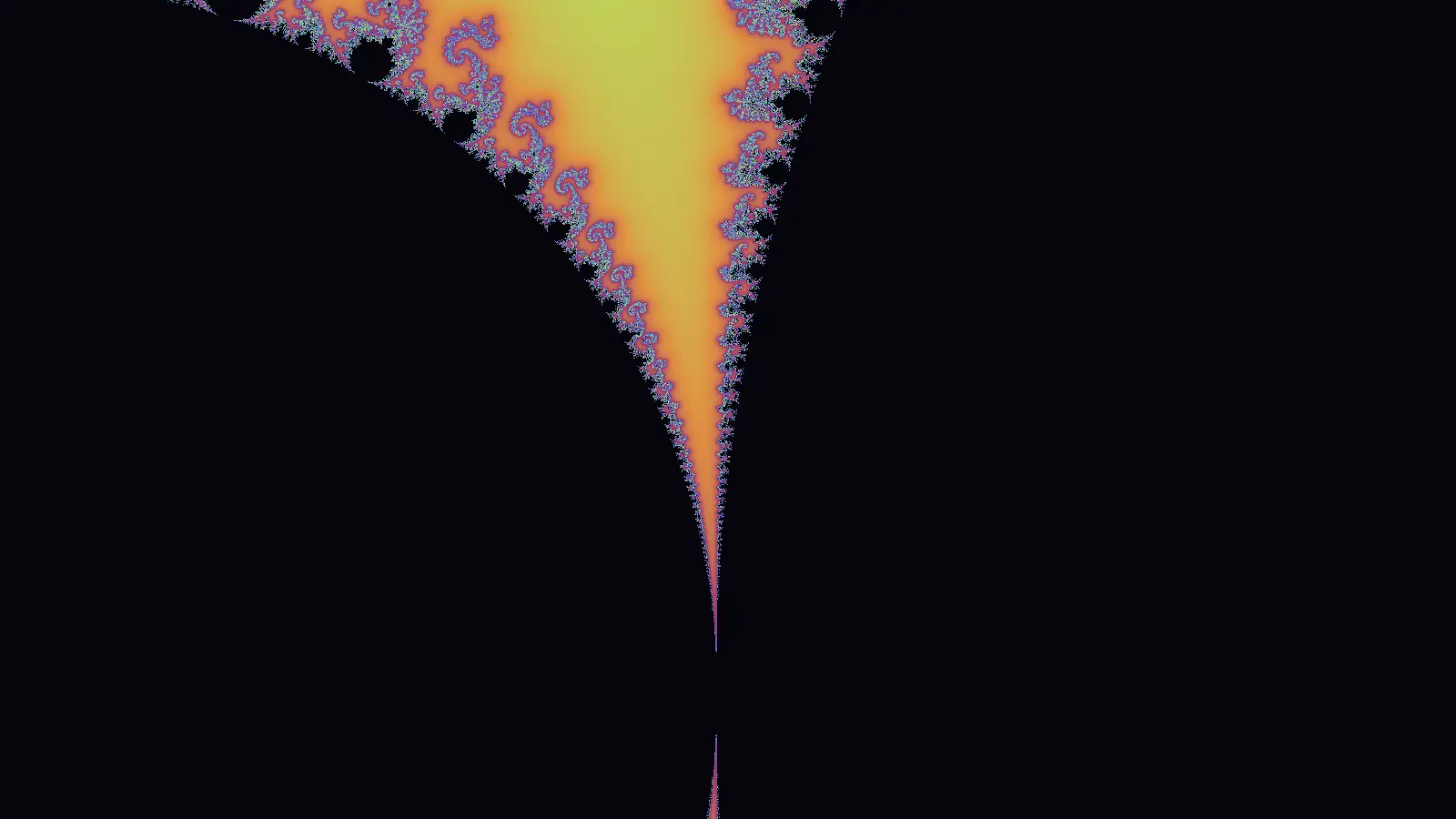 Razor-sharp Mandelbrot filaments revealed by distance-estimation coloring.