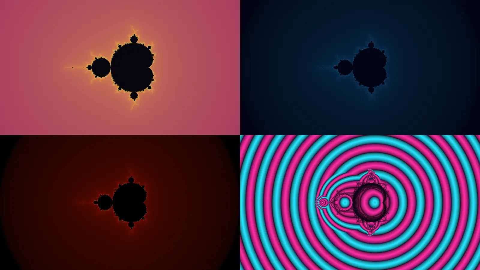 The Mandelbrot set in four color palettes — smooth, orbit-trapped, and two gradients.